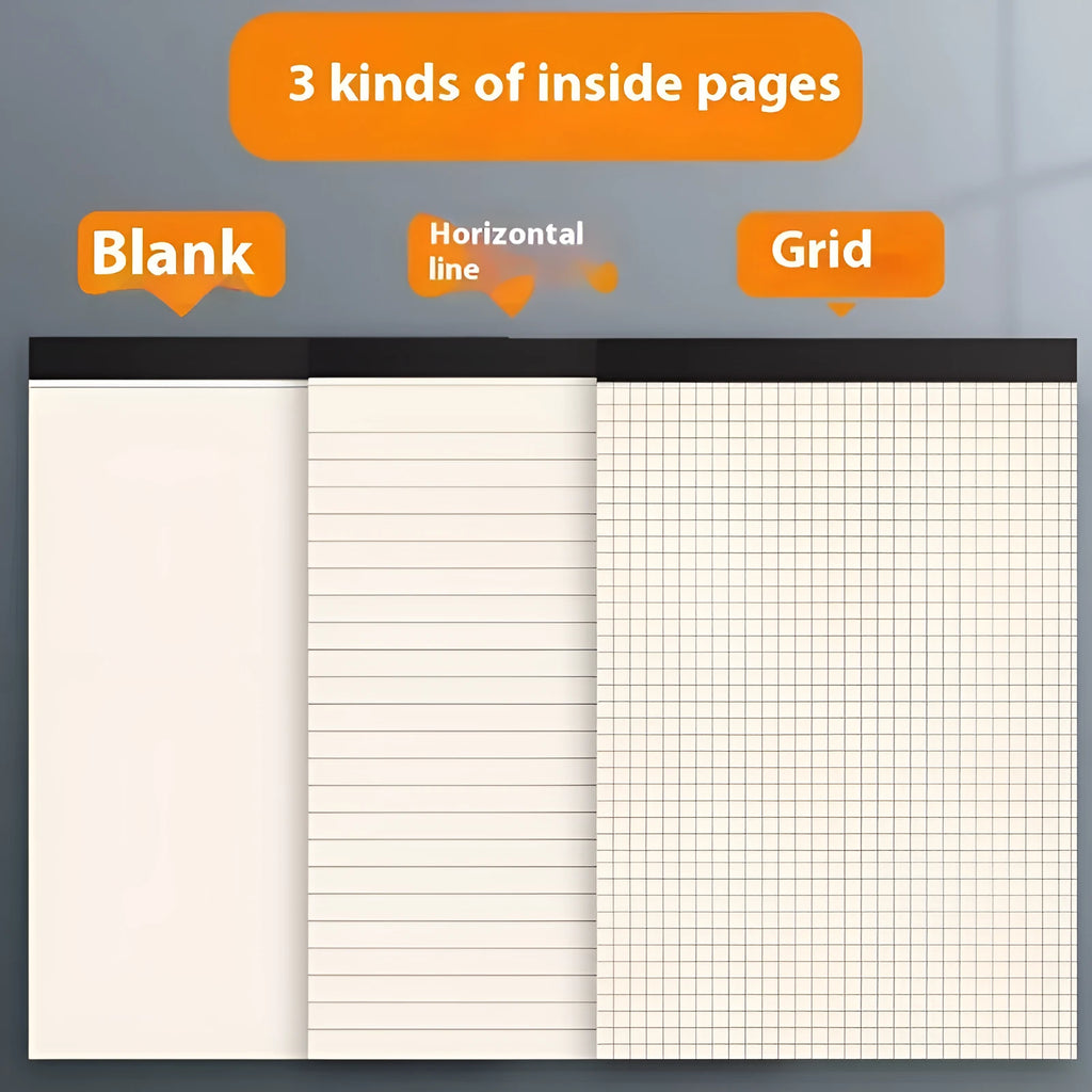 A5, B5, and A4 writing pads with paper covers showing blank, grid, and lined page options