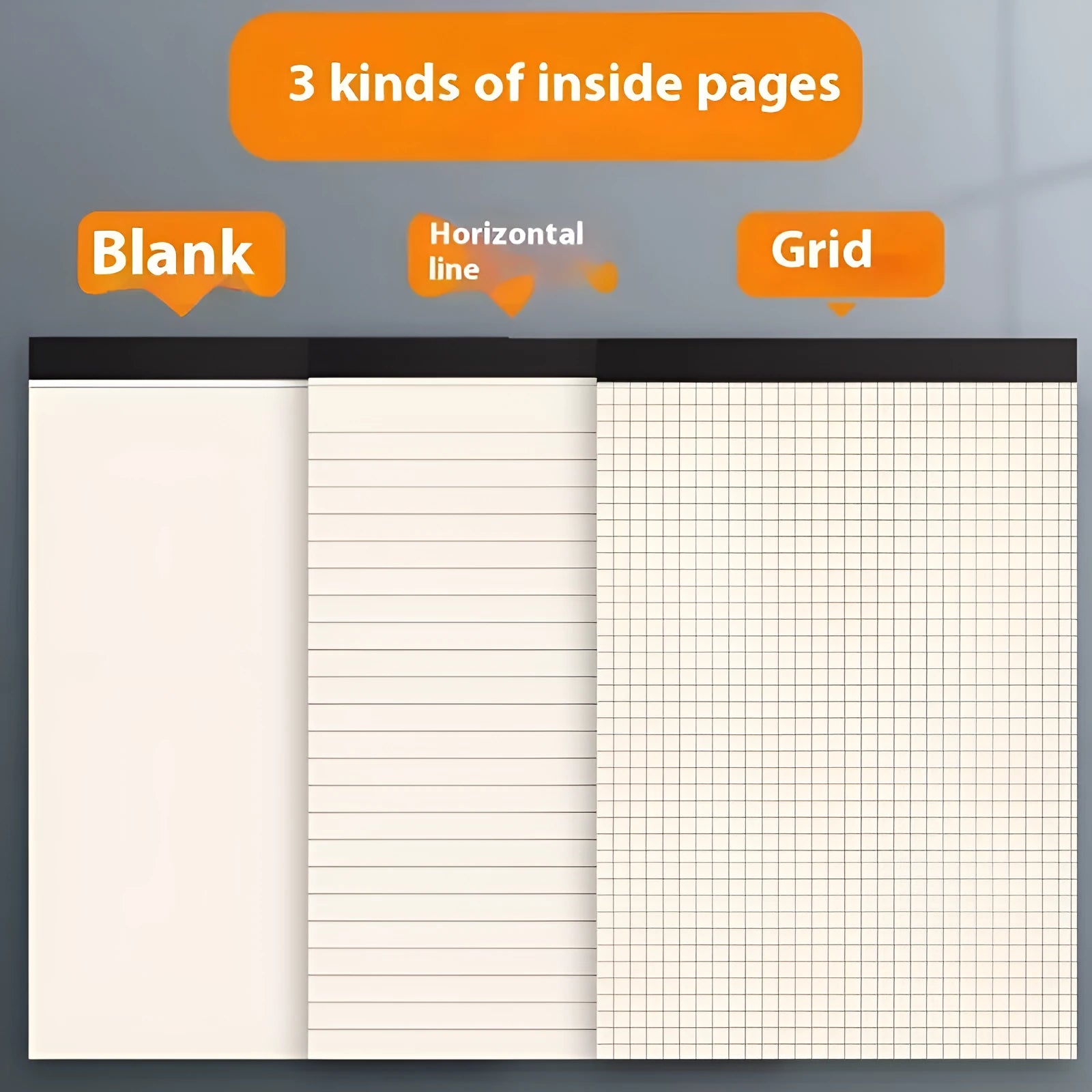 A5, B5, and A4 writing pads with paper covers showing blank, grid, and lined page options