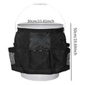 Black cylindrical polyester storage bag hanging from the rim of a 5-gallon barrel.