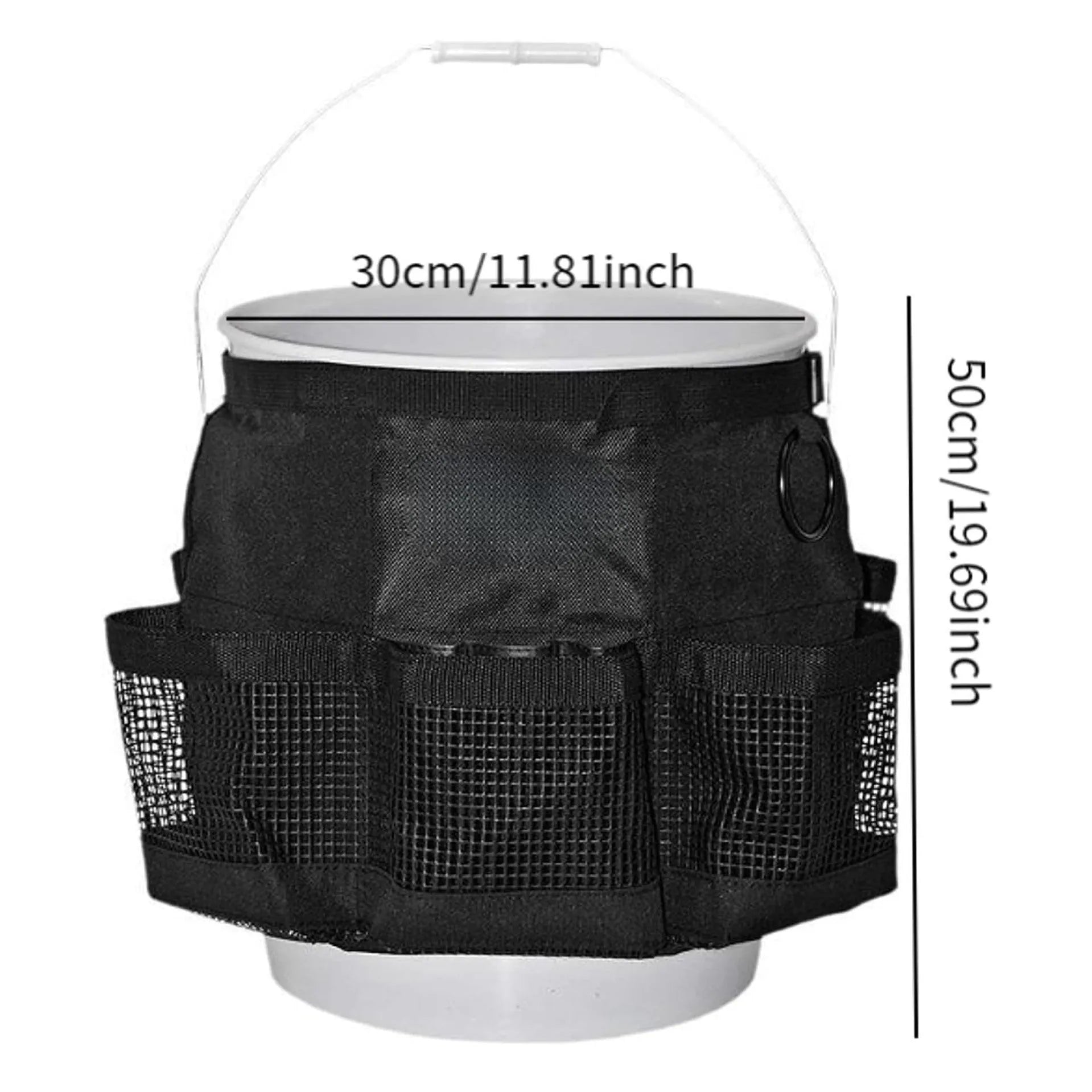 Black cylindrical polyester storage bag hanging from the rim of a 5-gallon barrel.
