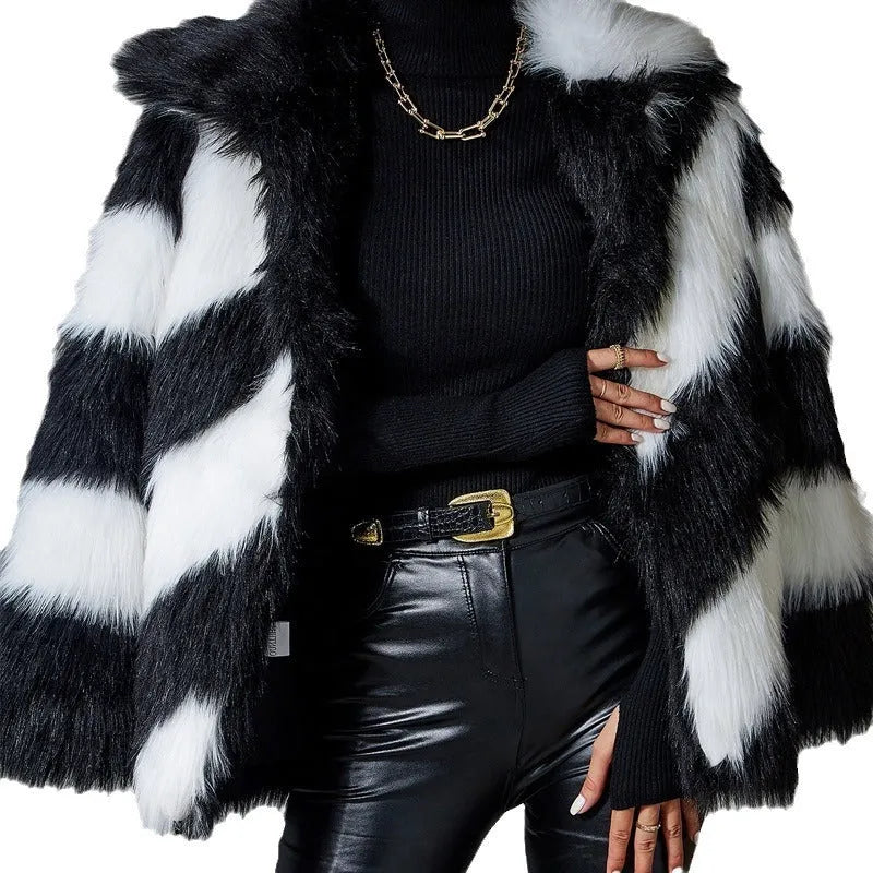 Picture colour faux fur coat with contrast lapels and fur collar, 50cm length with regular sleeves
