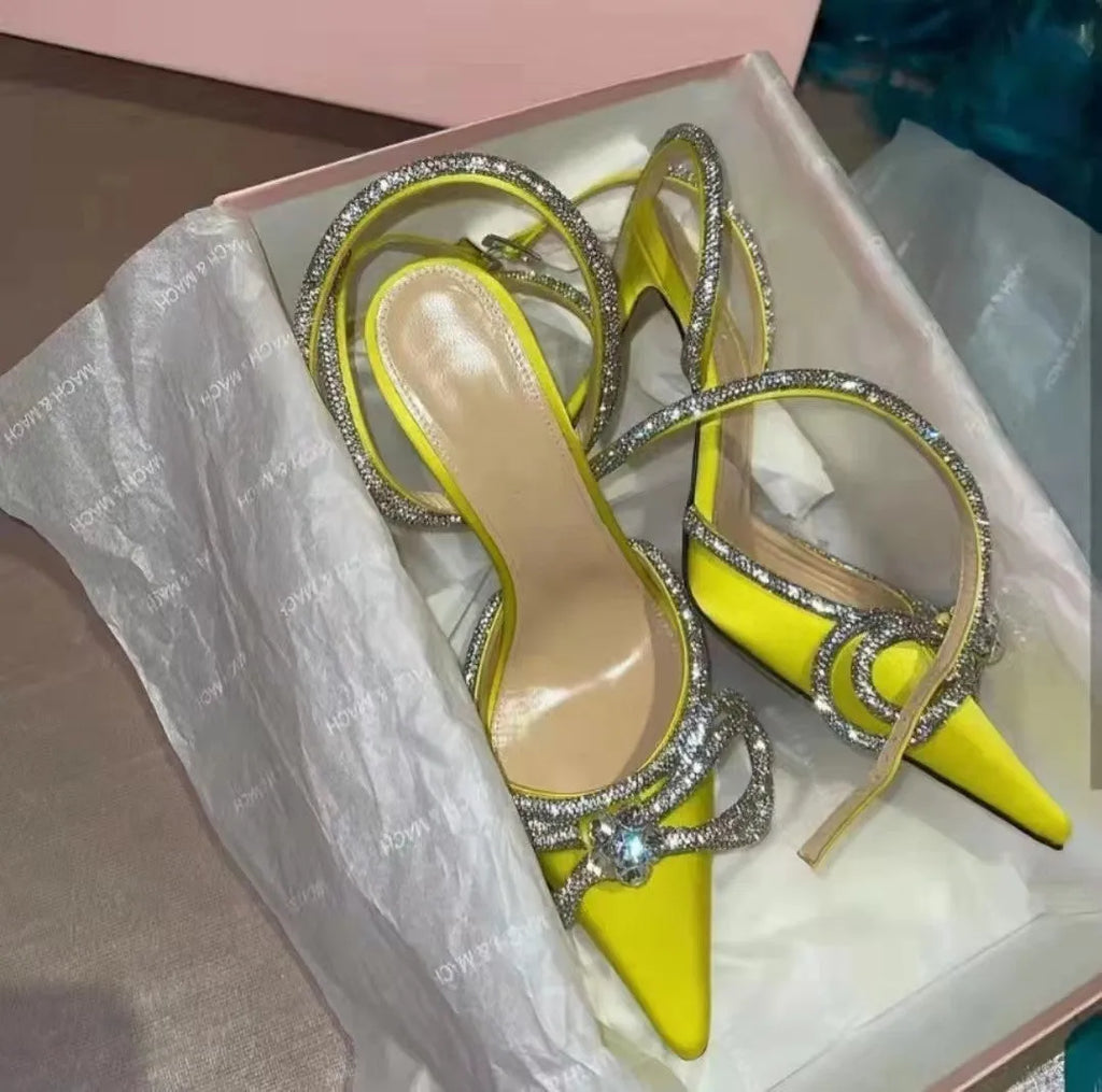 French style women's stiletto heel sandals with a silk bandage back and buckle closure, in multiple colours.