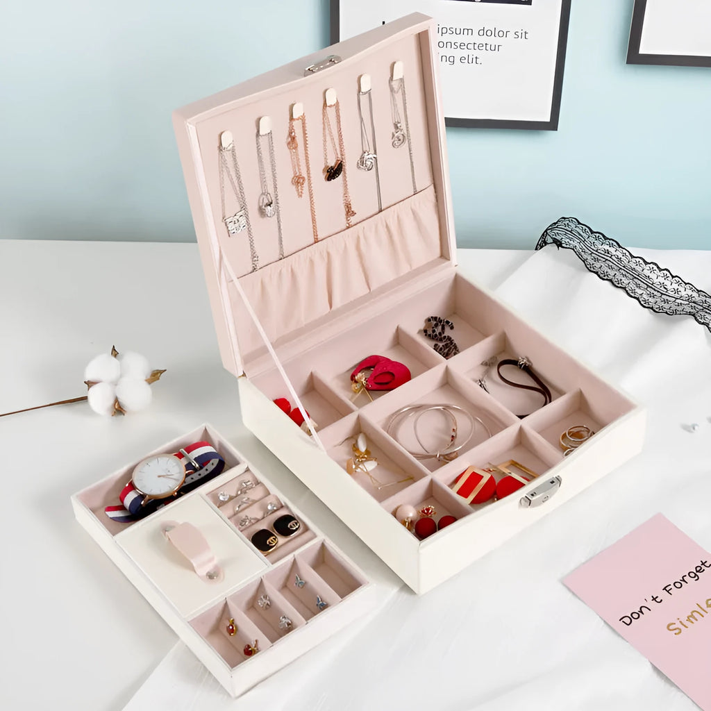 Red and white PU jewellery storage boxes for organising necklaces and rings