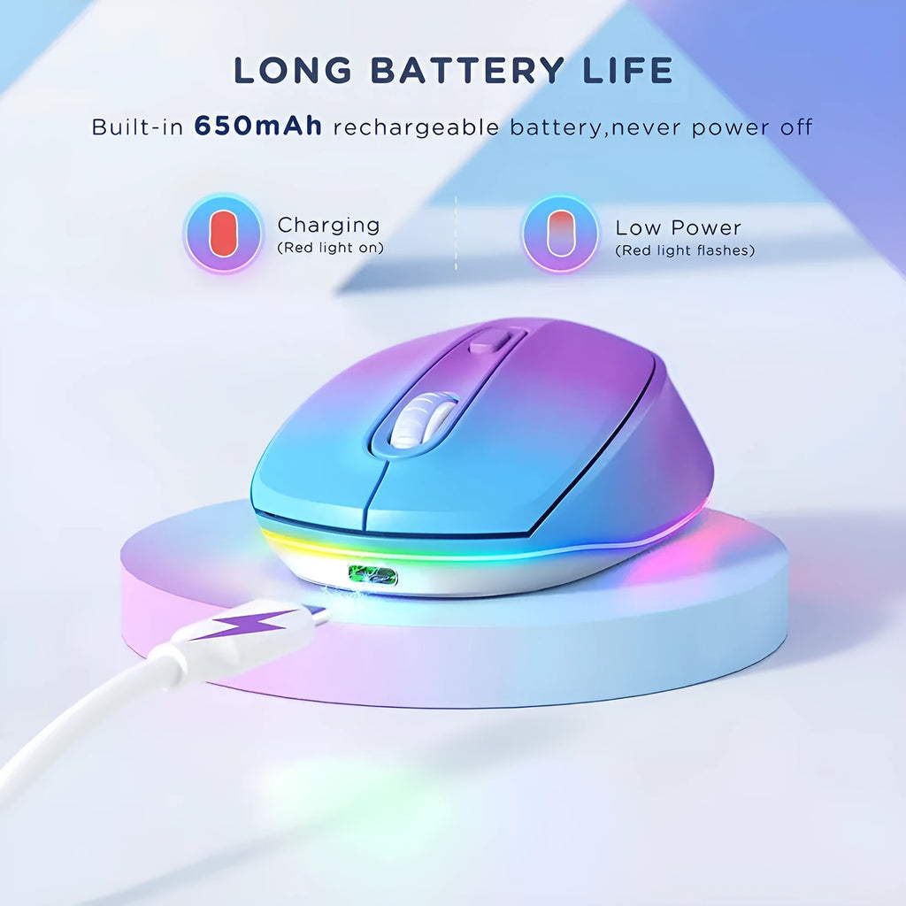 Lightweight 24g wireless rechargeable mouse in various colours next to its USB charging cable.