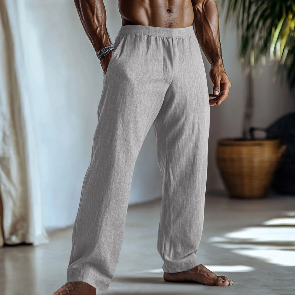 Cotton and linen straight-leg trousers in light green colour with multiple pockets and straight leg opening