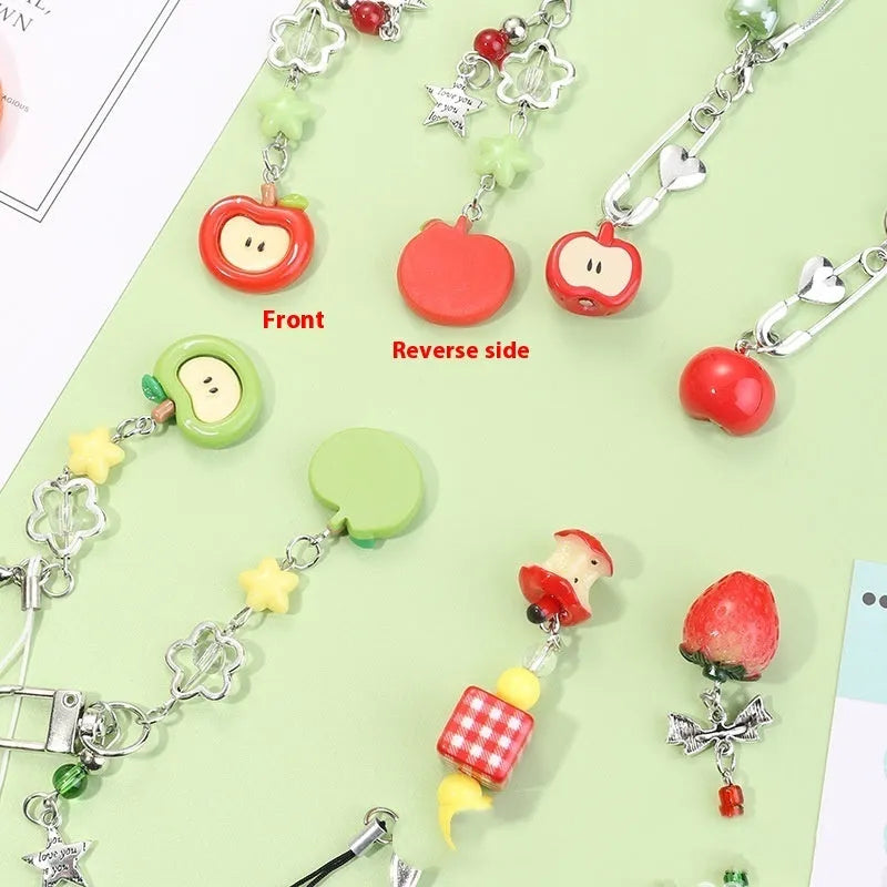 Fruit pattern plastic mobile phone keychain pendant with apple and strawberry designs
