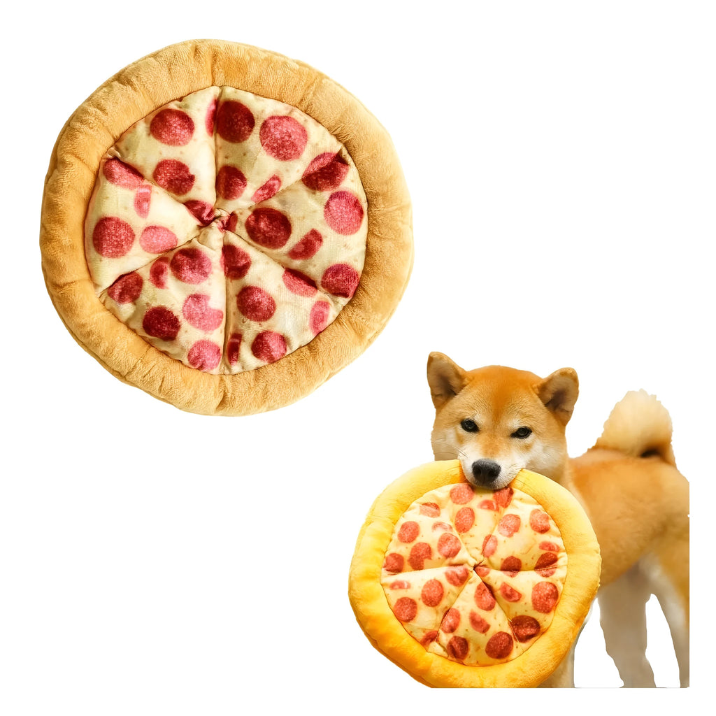 Yellow pizza slice squeaky plush dog chewing toy on white background