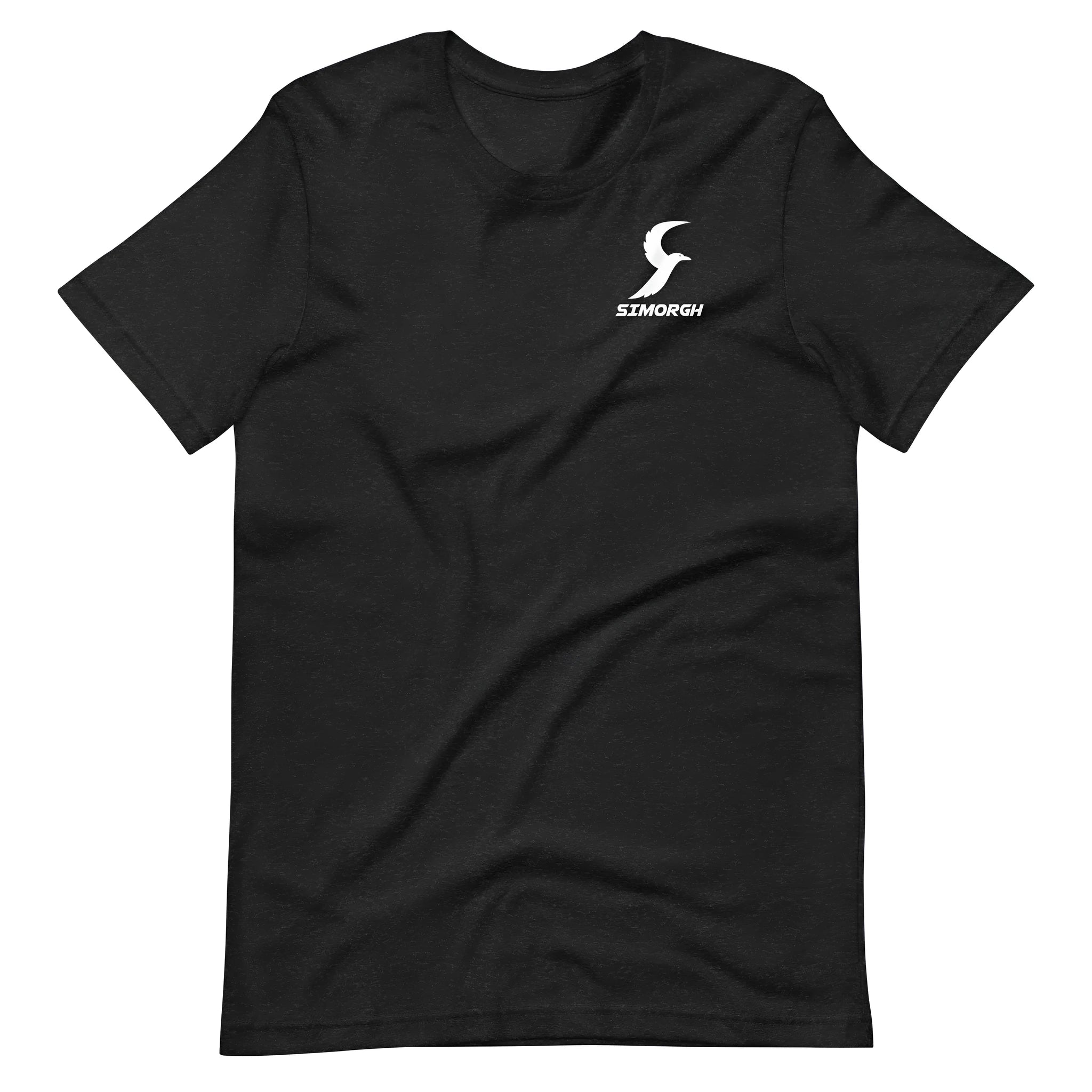 Black loose fit cotton T-shirt with short sleeves and a round neck on a hanger.