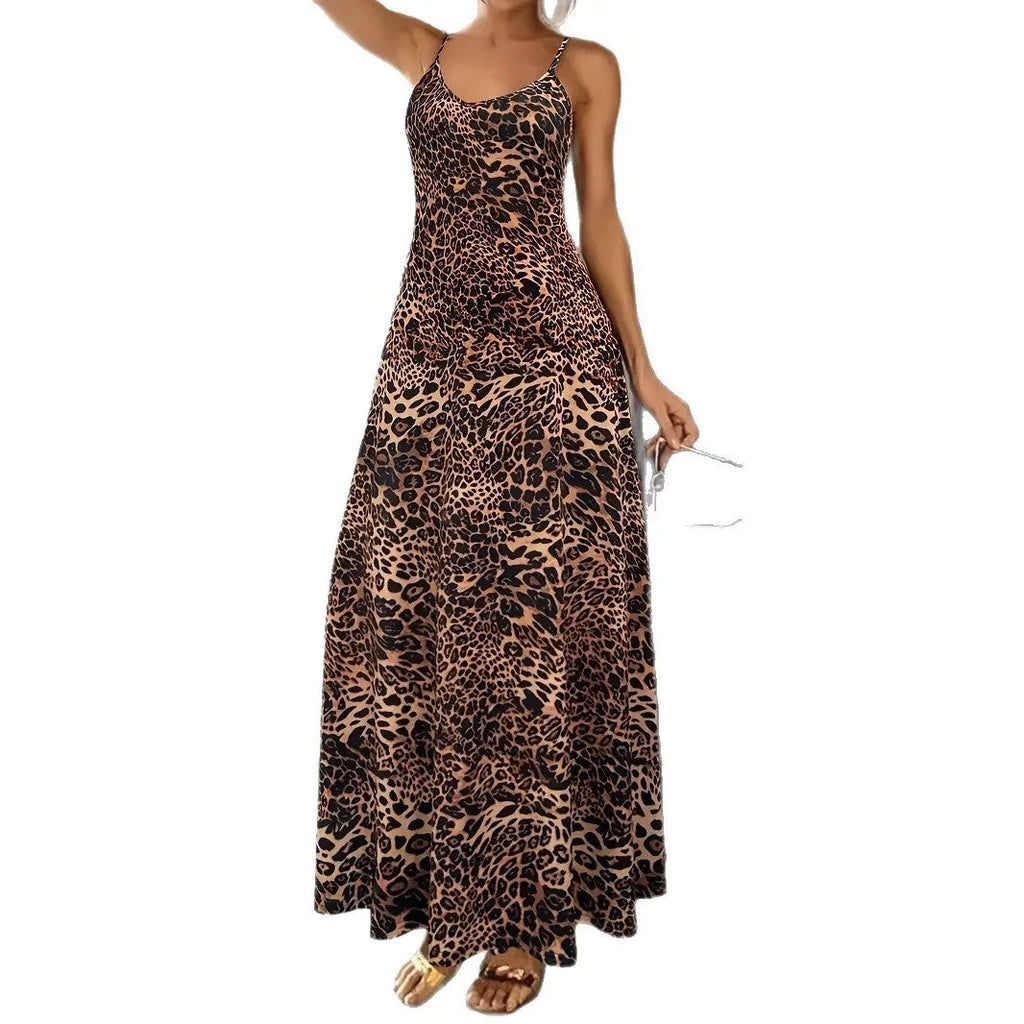 Dark brown leopard print casual dress with sleeveless shoulder strap design and long skirt