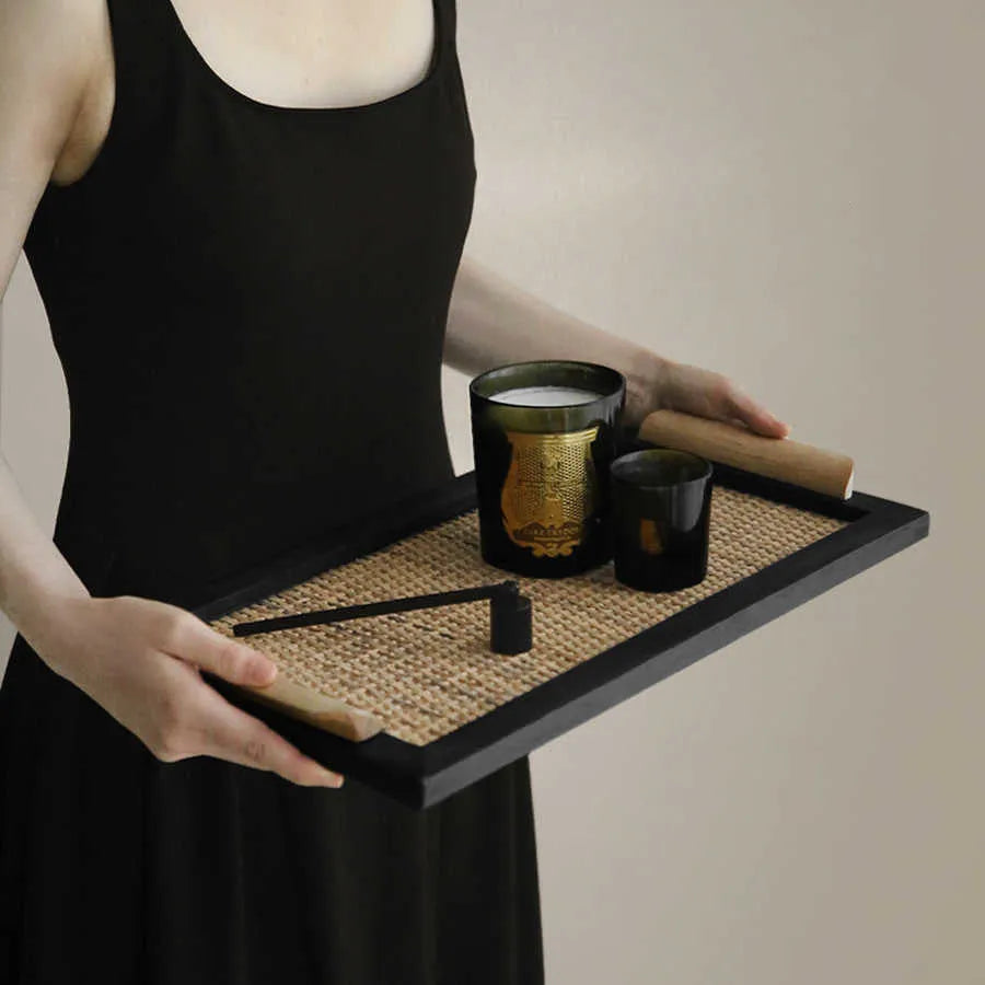 Pine wood dining tray with built-in compartments, shown in small and large size options.