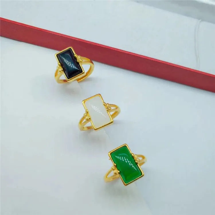 Adjustable brass ring with gold plating and gemstone inlay in national style design