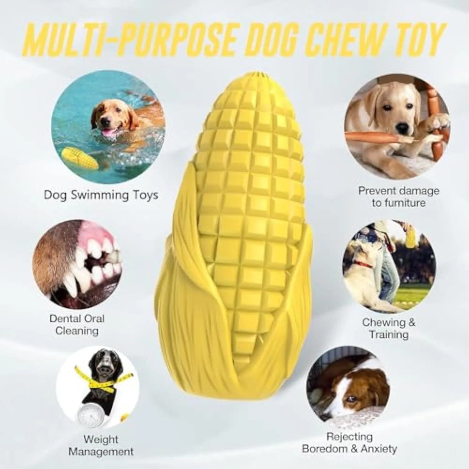 Blue and yellow corn stick dog chew toy for aggressive chewers with textured surface