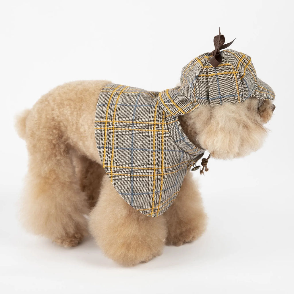 Camel-coloured cotton pet cloak with an adjustable hat shown on a model dog.