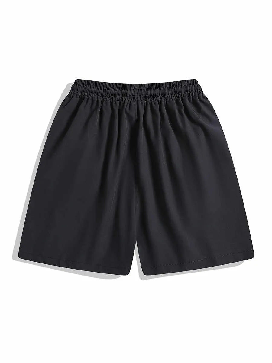 Men's black loose-fit quick-drying sports shorts with elastic waistband on a grey background