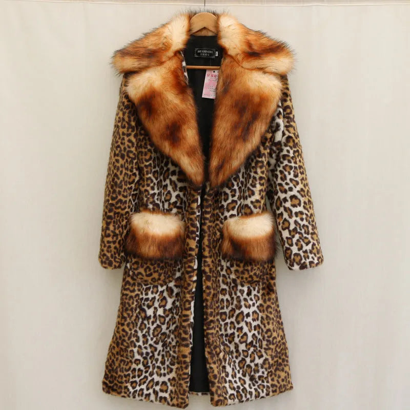 Long leopard print artificial fur jacket for women, shown as a full-length coat.
