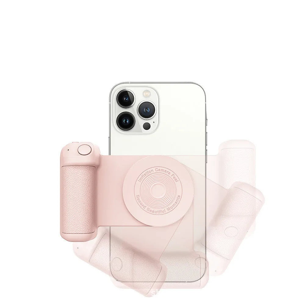 Black multifunctional magnetic phone camera holder with ergonomic PU leather grip on a table.