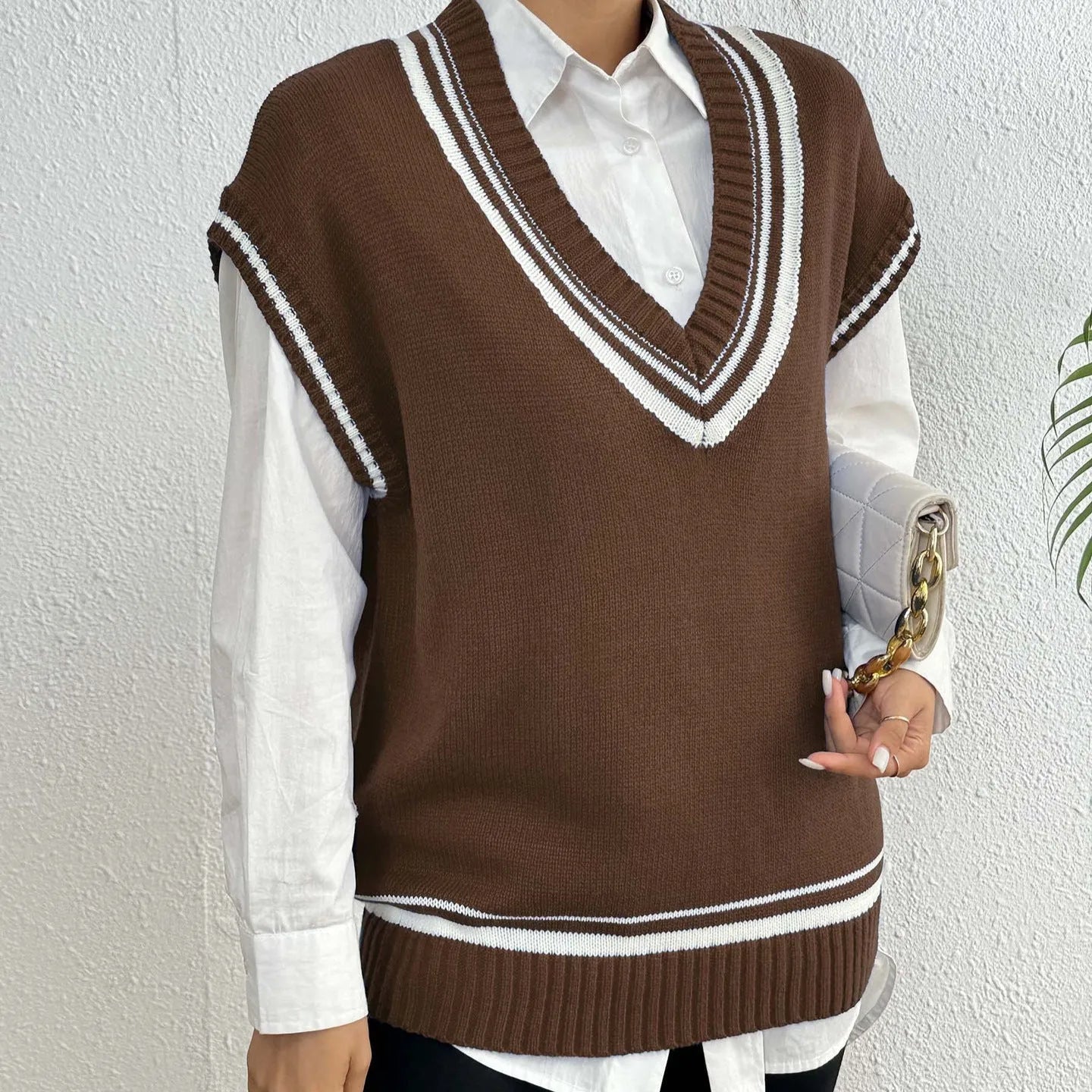 Women's college style wool vest sweater in acrylic blend fabric, loose fit, black blue coffee colour options