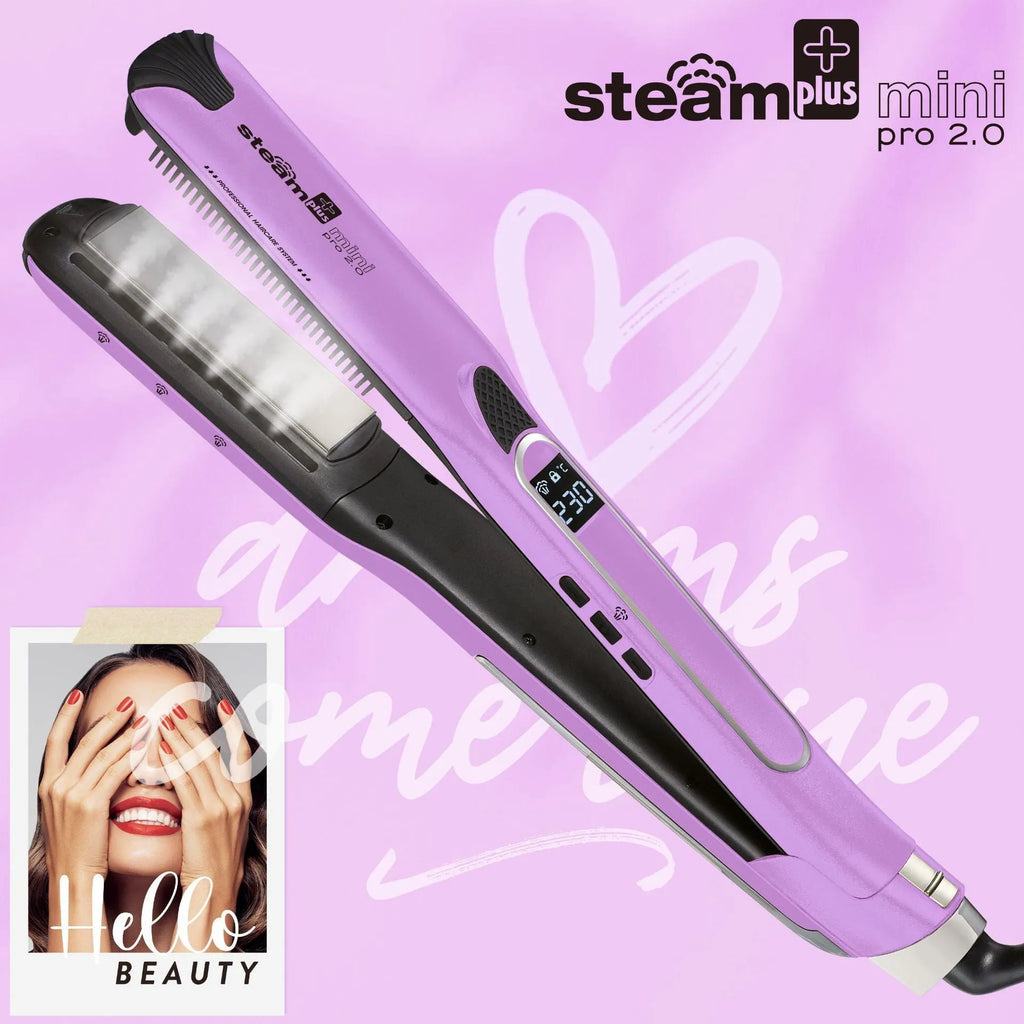 Mini steam hair straightener in champagne colour with steam vents and styling plates
