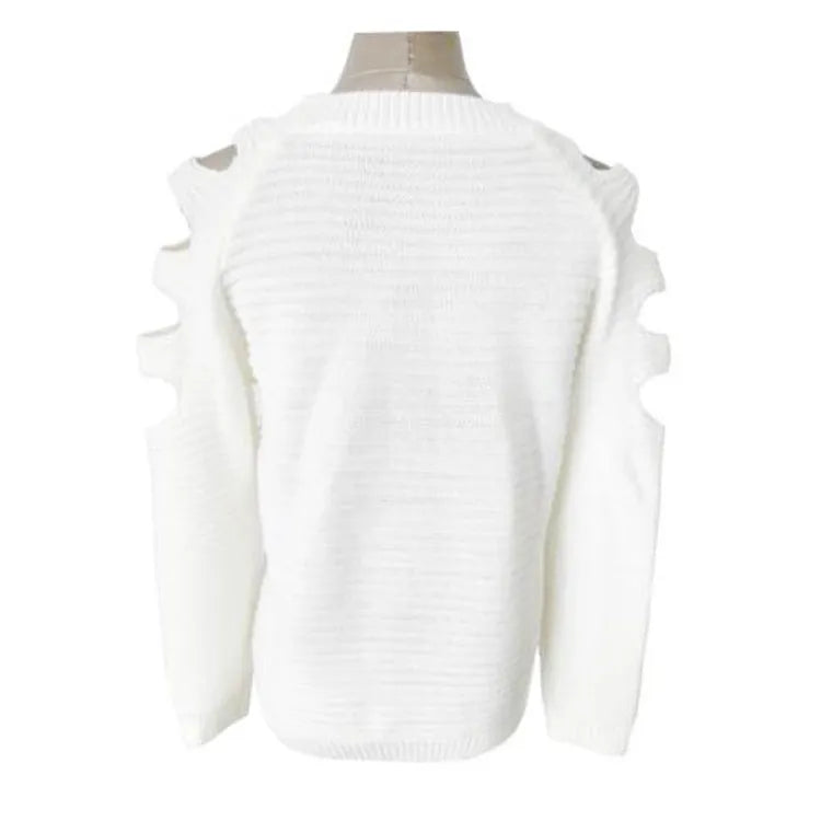 White women's knitted shirt with hollow-out crocheted pattern and long sleeves