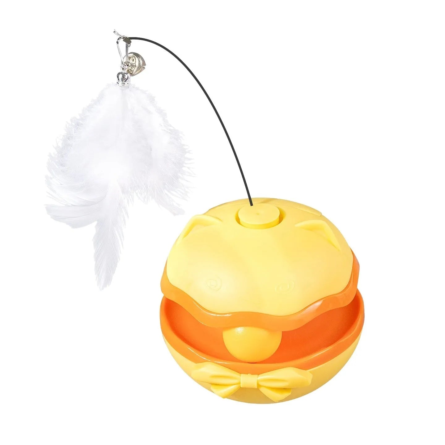 Electric cat toy tumbler in lemon yellow colour with a separate cat teasing stick on a wooden floor.