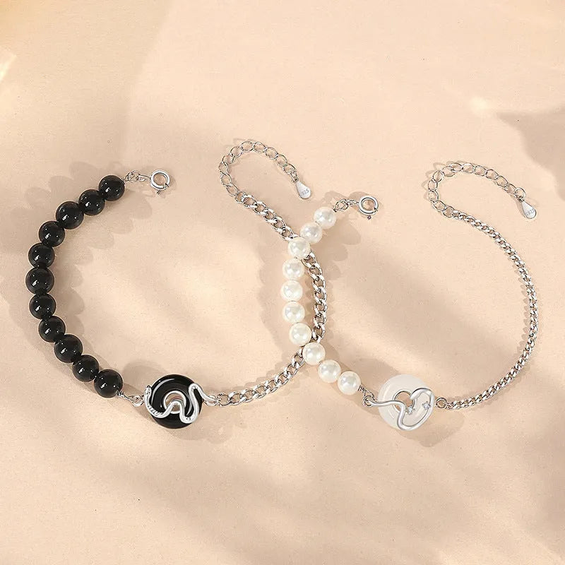 925 sterling silver couple bracelet with obsidian pearl and snake zodiac motif