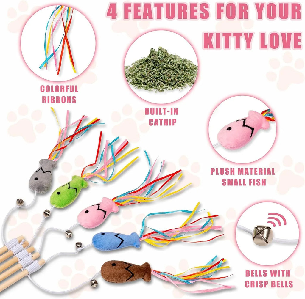 Cat wand toy with wooden handle, elastic rope, colourful ribbons, catnip fish, and bell attachment