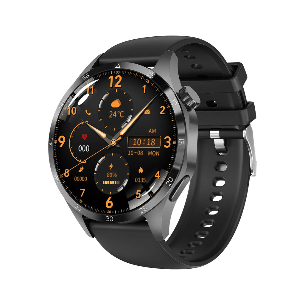 Black smartwatch with Bluetooth calling on wrist, showing health metrics on TFT screen