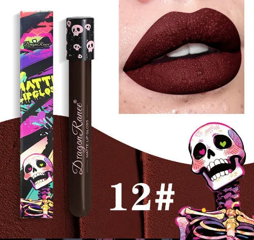 Halloween lip gloss in skull-shaped test tube with matte gold and silver shades