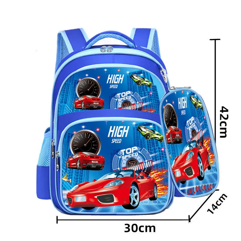 Blue children's cartoon print school backpack with pencil case, dimensions 30x14x42cm