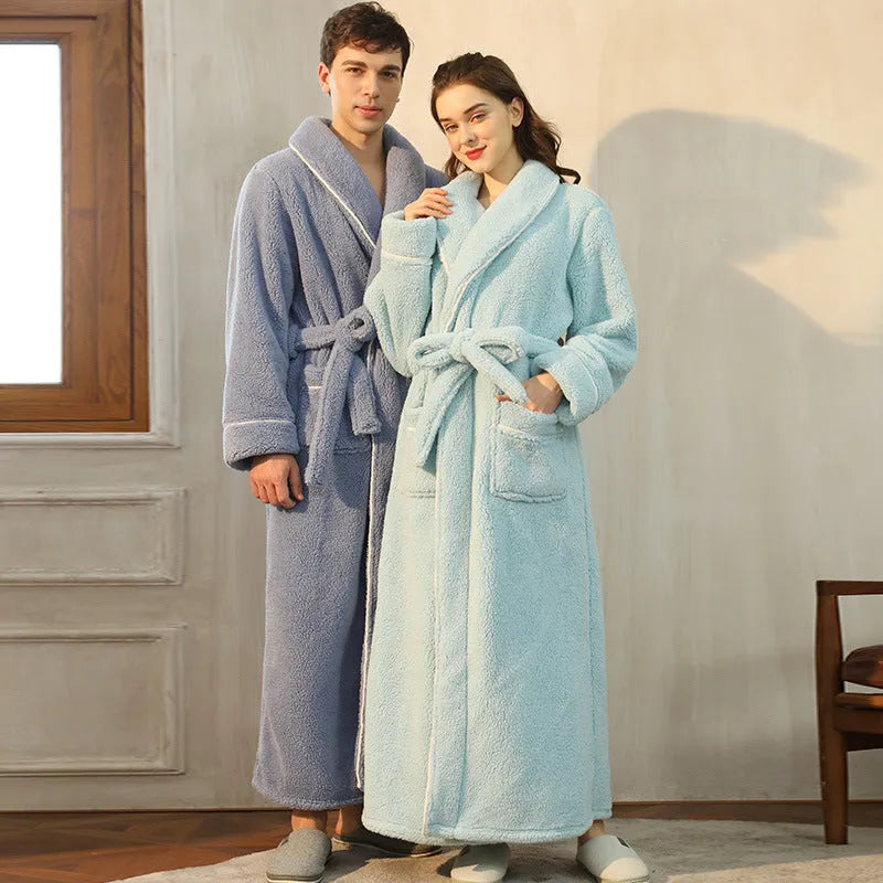 A super thick flannel couple's nightgown and bathrobe set for winter in multiple colour options.