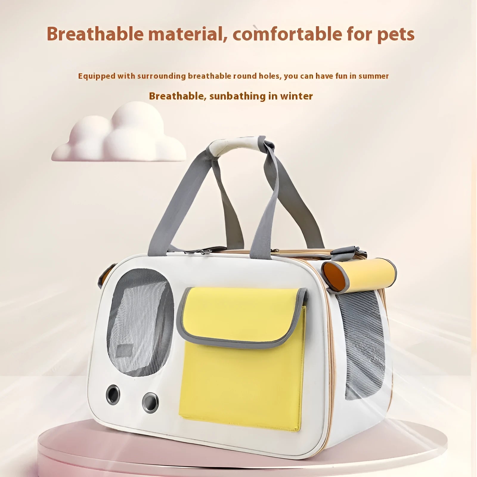 Yellow foldable canvas pet carrier bag with single shoulder strap, shown open.