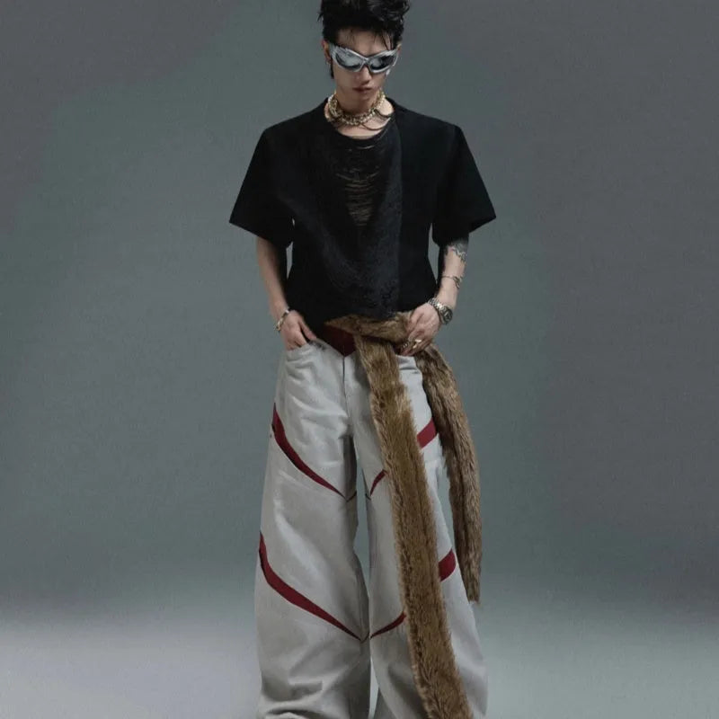 Men's black hollow out V-neck T-shirt with short sleeves and tassel detailing