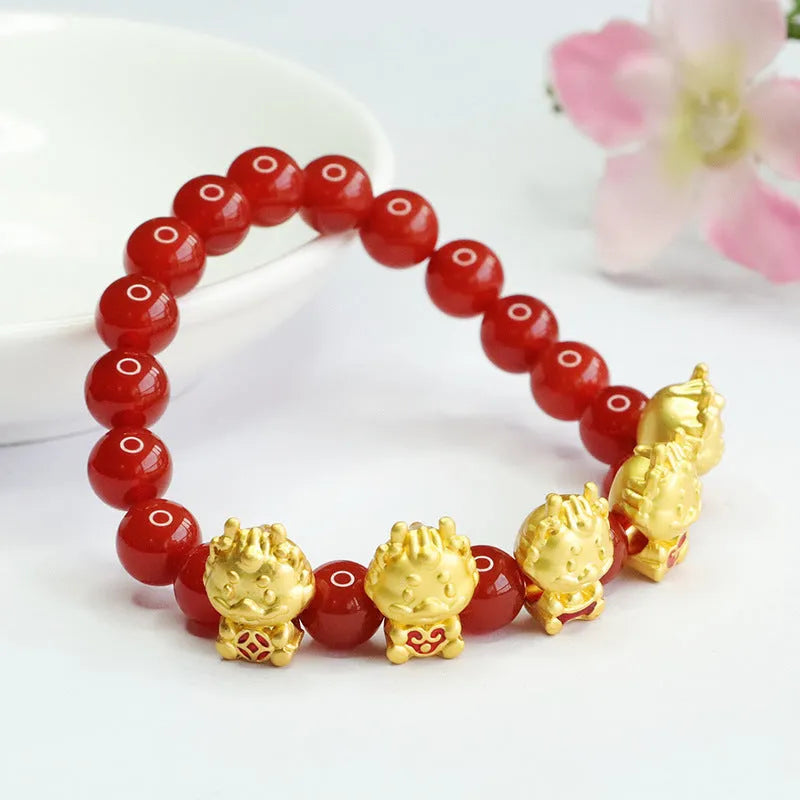 Red agate bracelet with Chinese dragon charm and 8mm beads