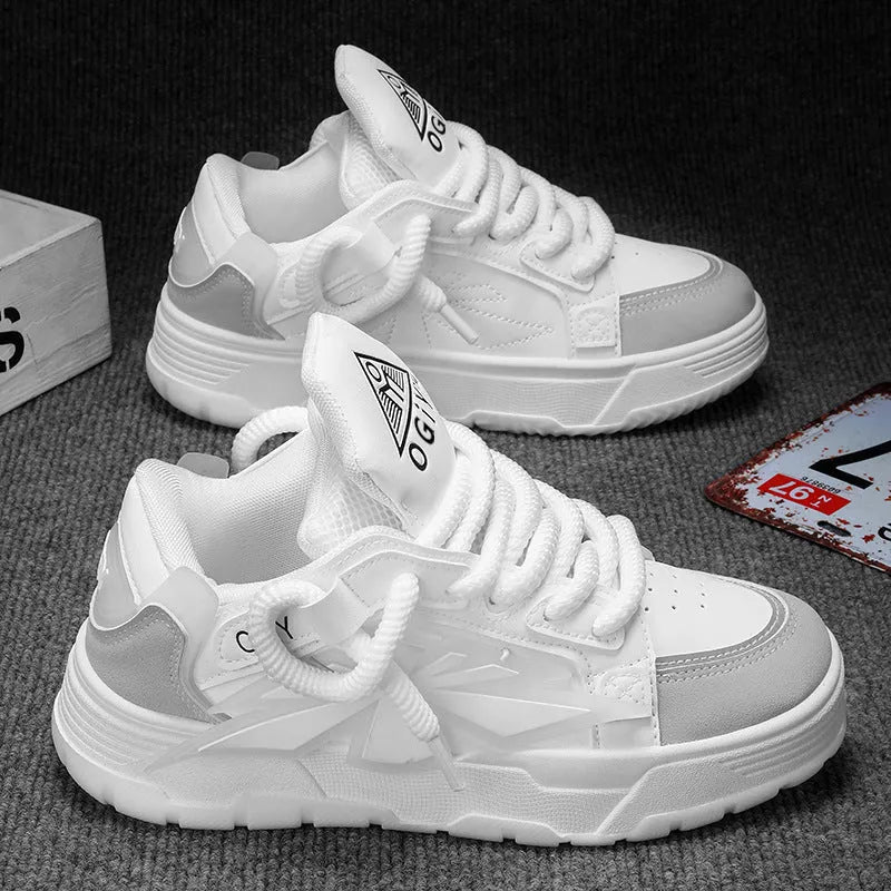Men's white chunky sneakers with thick rubber sole, synthetic leather upper, and front lace-up.