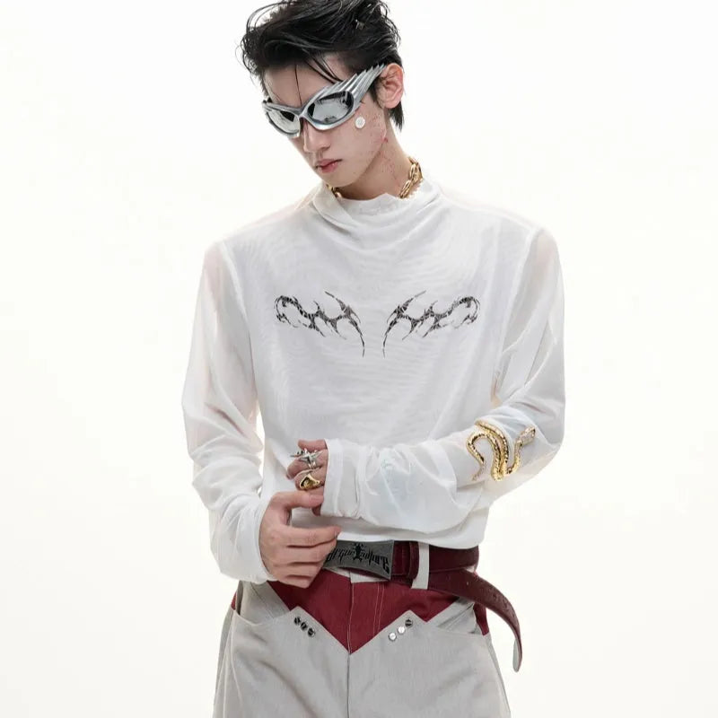 Black slim fit men's shirt with ice-feeling mesh panels and long sleeves on a white background.