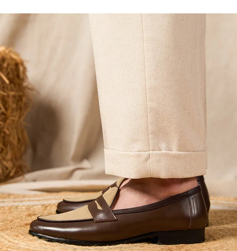Coffee grey suede loafers with high-gloss finish and slip-on design