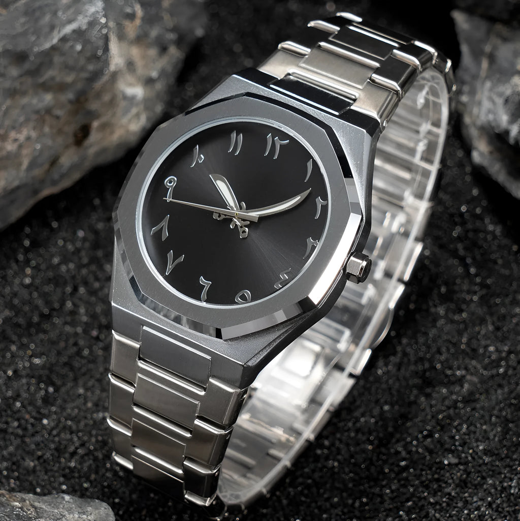 Men's business quartz watch with stainless steel bracelet showing 10mm thickness