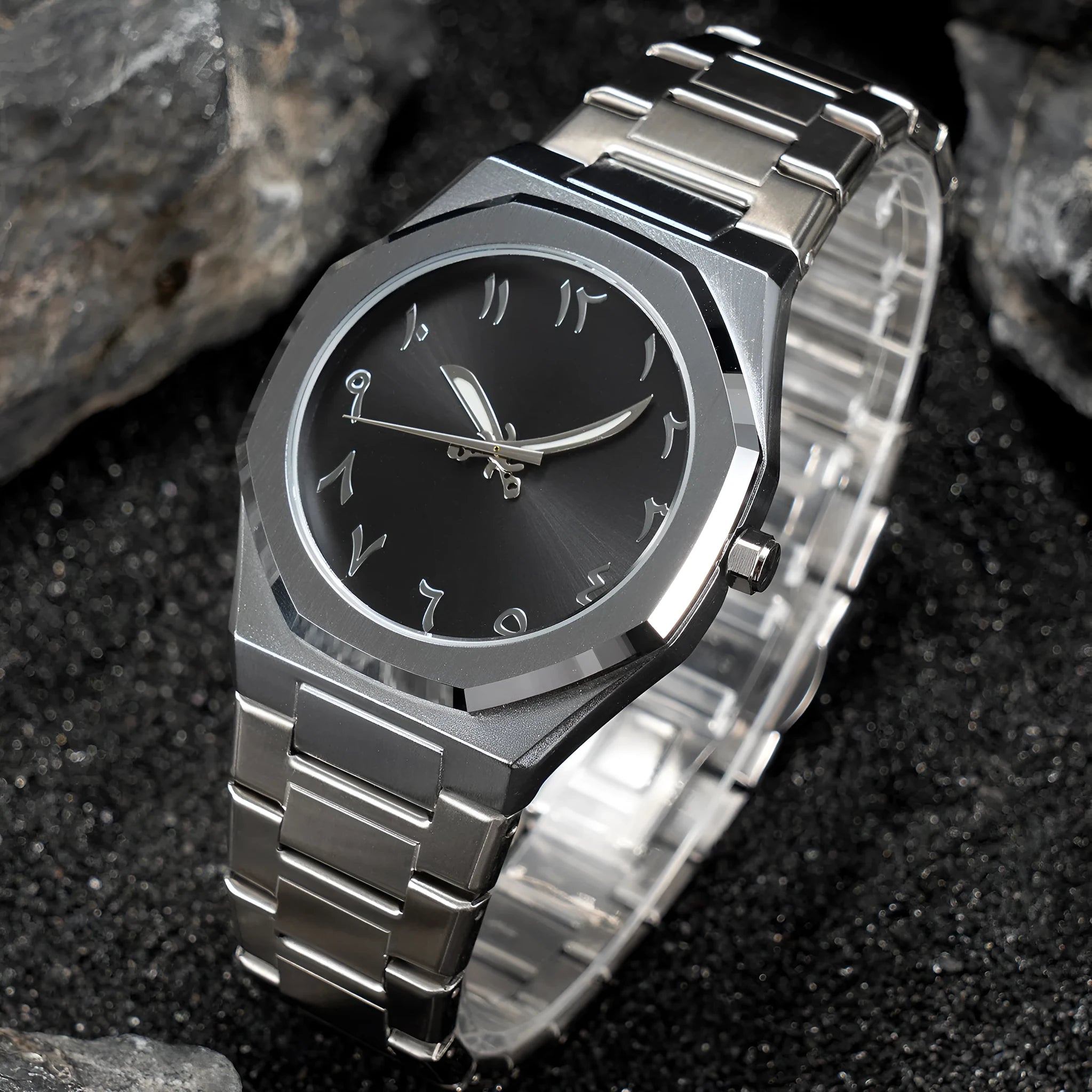 Men's business quartz watch with stainless steel bracelet showing 10mm thickness