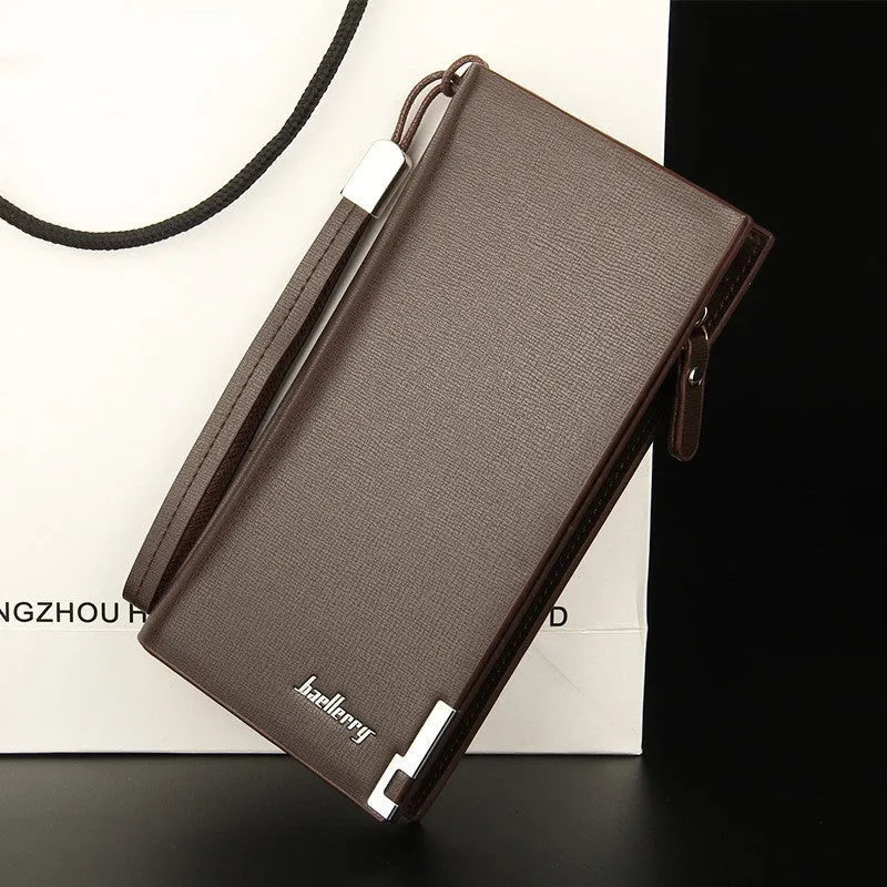 Men's black PU leather wallet with a long silver zip closure.