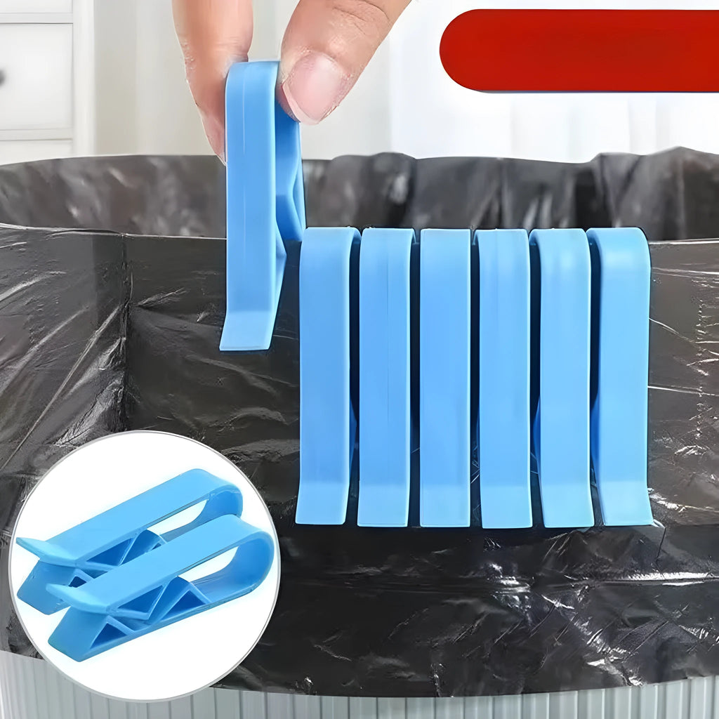 Transparent plastic non-slip clip for holding a garbage bag on the rim of a bin.
