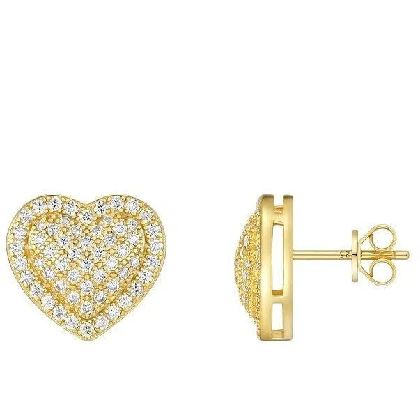 A pair of gold-coloured heart-shaped moissanite stud earrings on S925 silver posts.