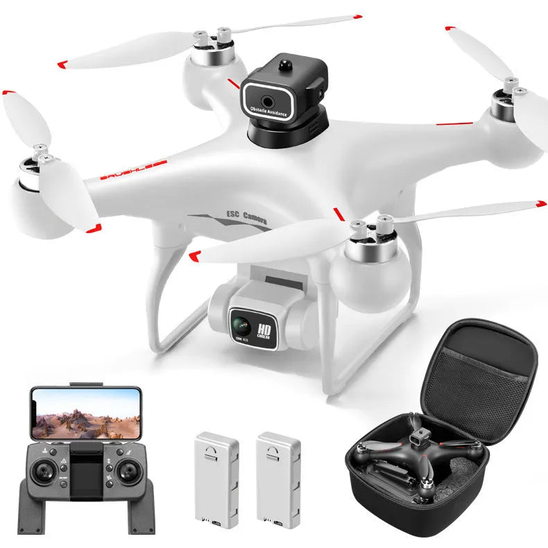 Black S116 brushless quadcopter drone with four rotors and a dual HD camera on a white background