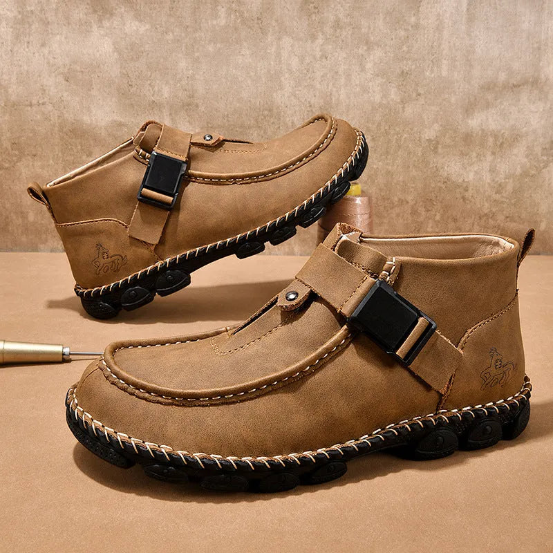 Handmade stitching flat bottom slip on casual shoes in black, green, and brown colours.