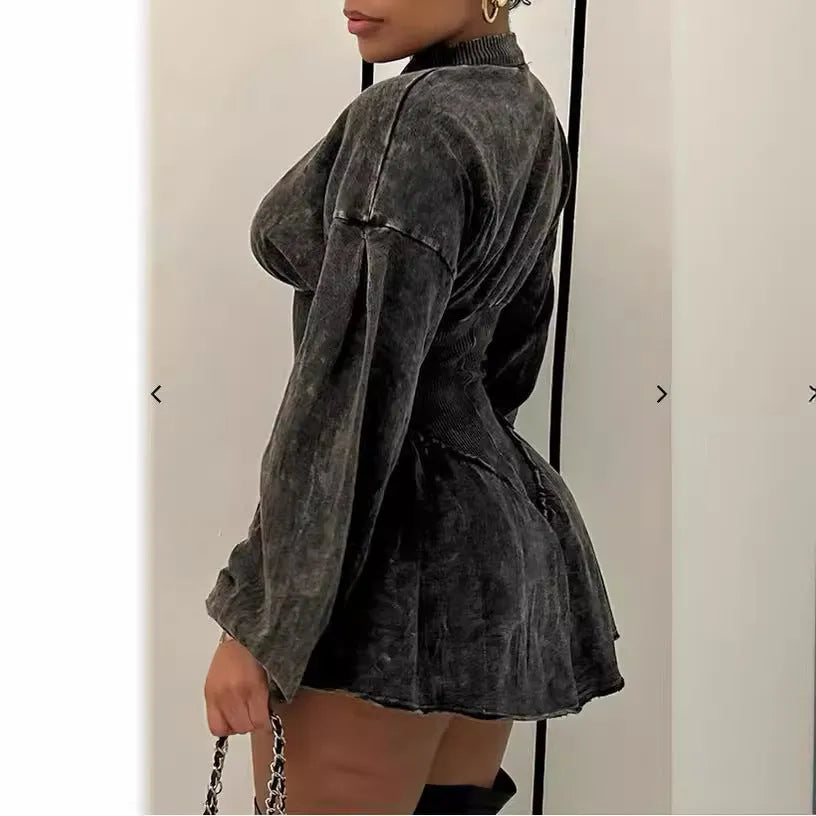 Gray women's slim-fit A-line dress with digital printing, drawstring waist, and long sleeves.