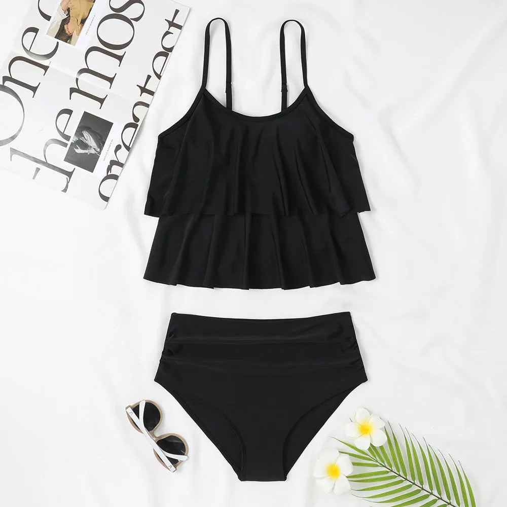 Women's high-waisted double-layer swimsuit in black or coconut tree print pattern