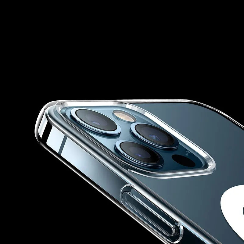 Transparent magnetic iPhone case showing MagSafe compatibility and clear polycarbonate back