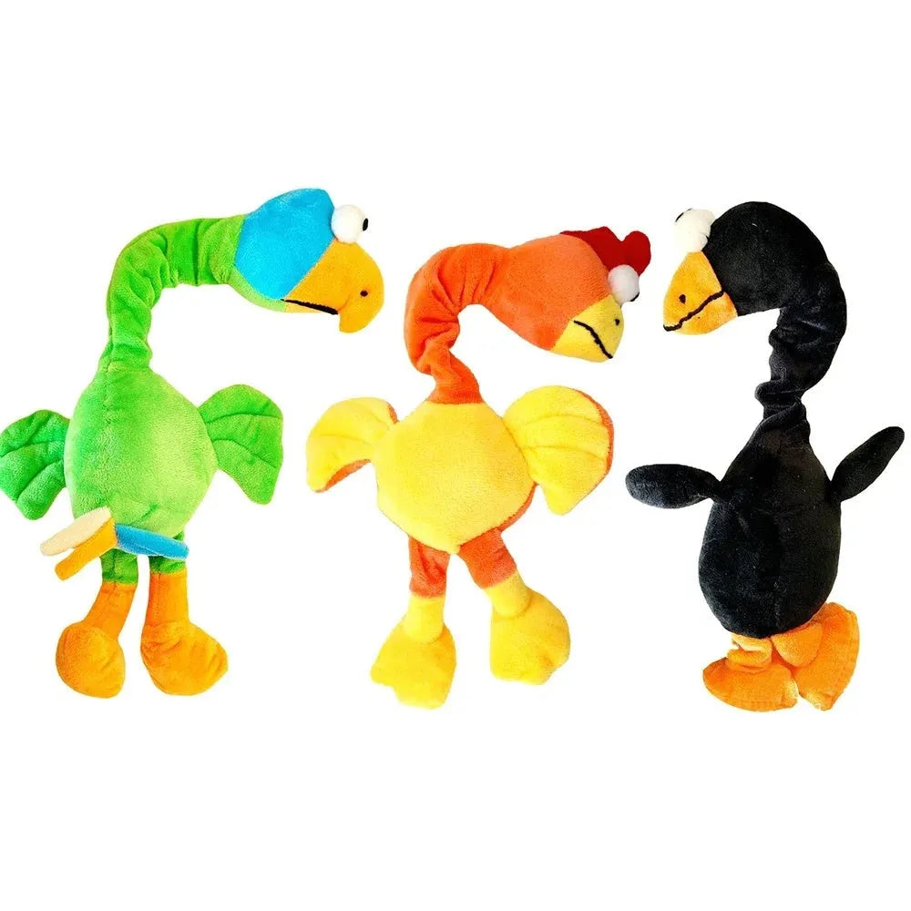 Screaming chicken sound dog toy in black, green or orange colours with bite-resistant rubber construction