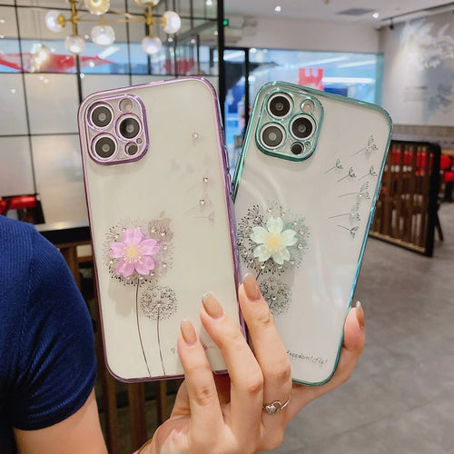Green 3D flower design iPhone case with built-in spin stand holder and screen protector