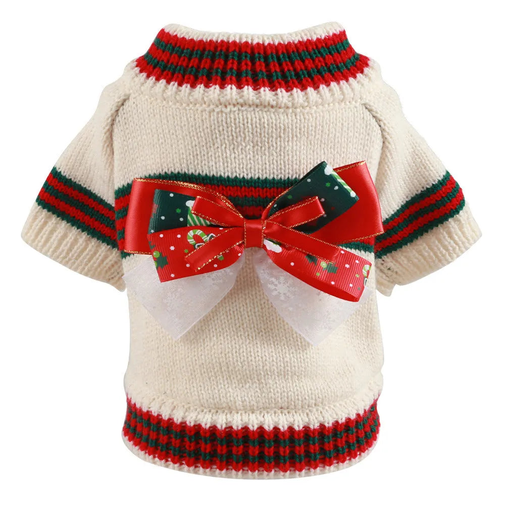 Red and green polyester Christmas jumper for a small dog or cat, showing size range from XS to XL.