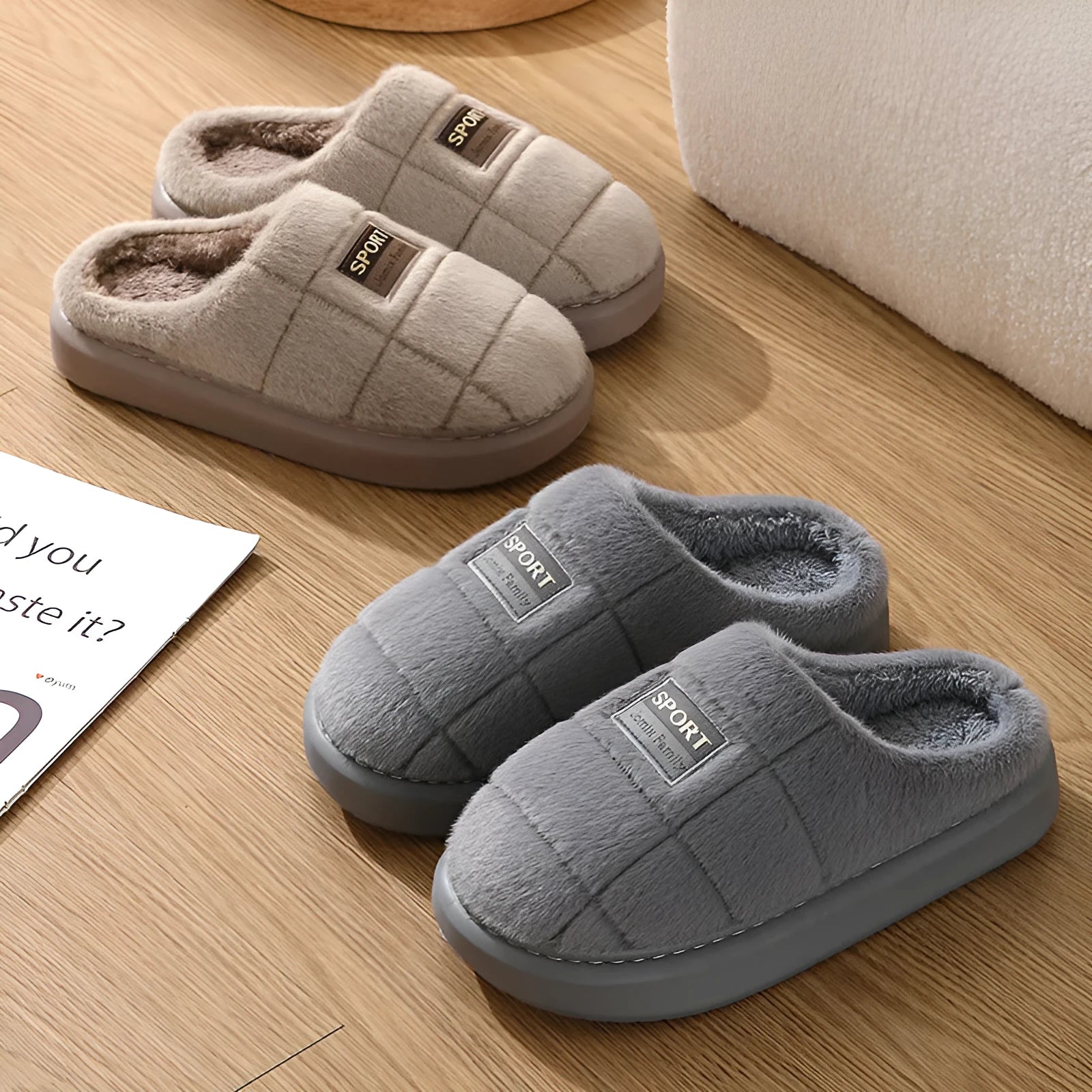 Men's plaid patterned winter slippers with rabbit hair upper and thick EVA sole in brown, coffee, grey colour options.